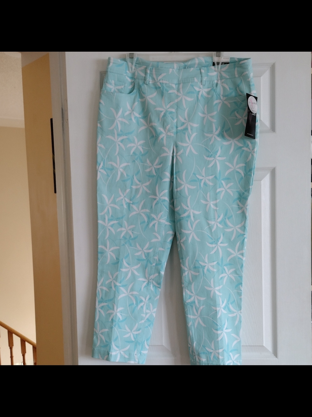 Slim-Sation women's skinny crop pants in light Aqua blue and white.